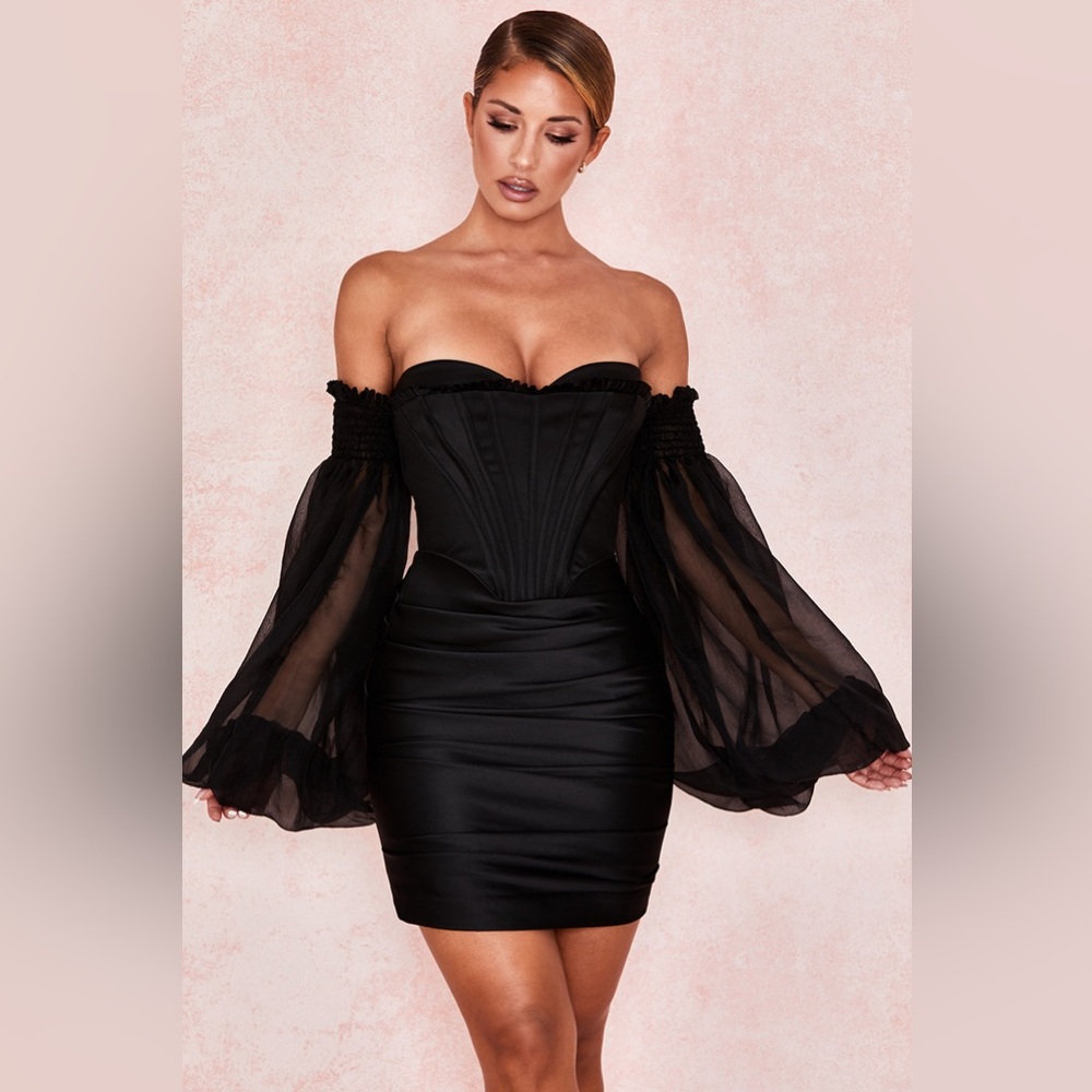 House of CB Dresses | House of CB ‘Beau’ Black Satin and Chiffon Corset Dress